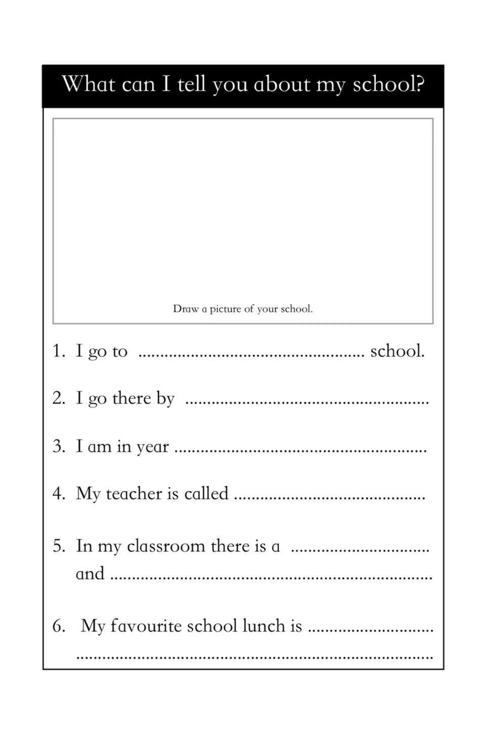 School letter planning activity: draw your school and complete six prompts about travel, class, and lunch