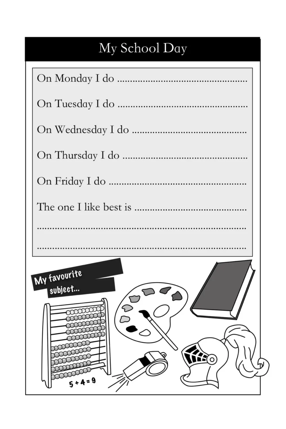 My School Day planning activity asks what students do Monday through Friday and which they like best