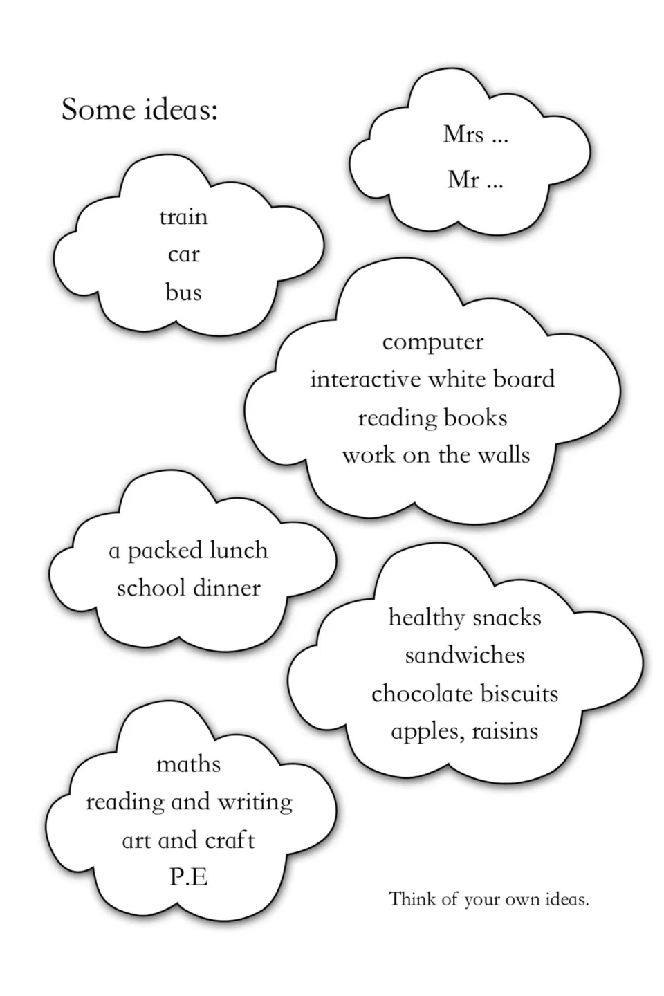 School letter vocabulary ideas include transportation, teacher titles, classroom items, food, and subjects