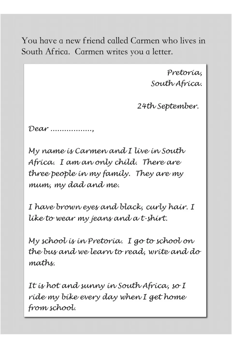 Carmen's model letter begins with her family, appearance, school in Pretoria, bus travel, and bike riding