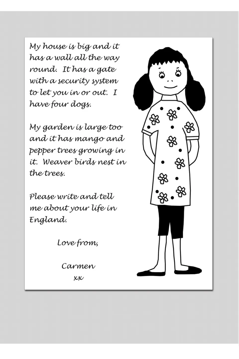 Carmen's model letter continues with her house, four dogs, garden, and a request to hear about life in England
