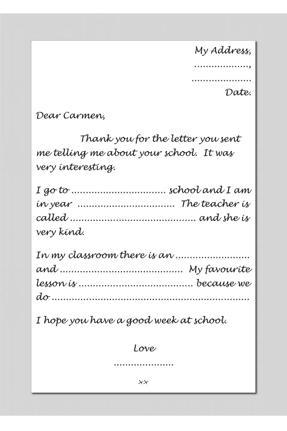 Reply template to Carmen includes address, date, and prompts about school, teacher, classroom, and favorite lesson