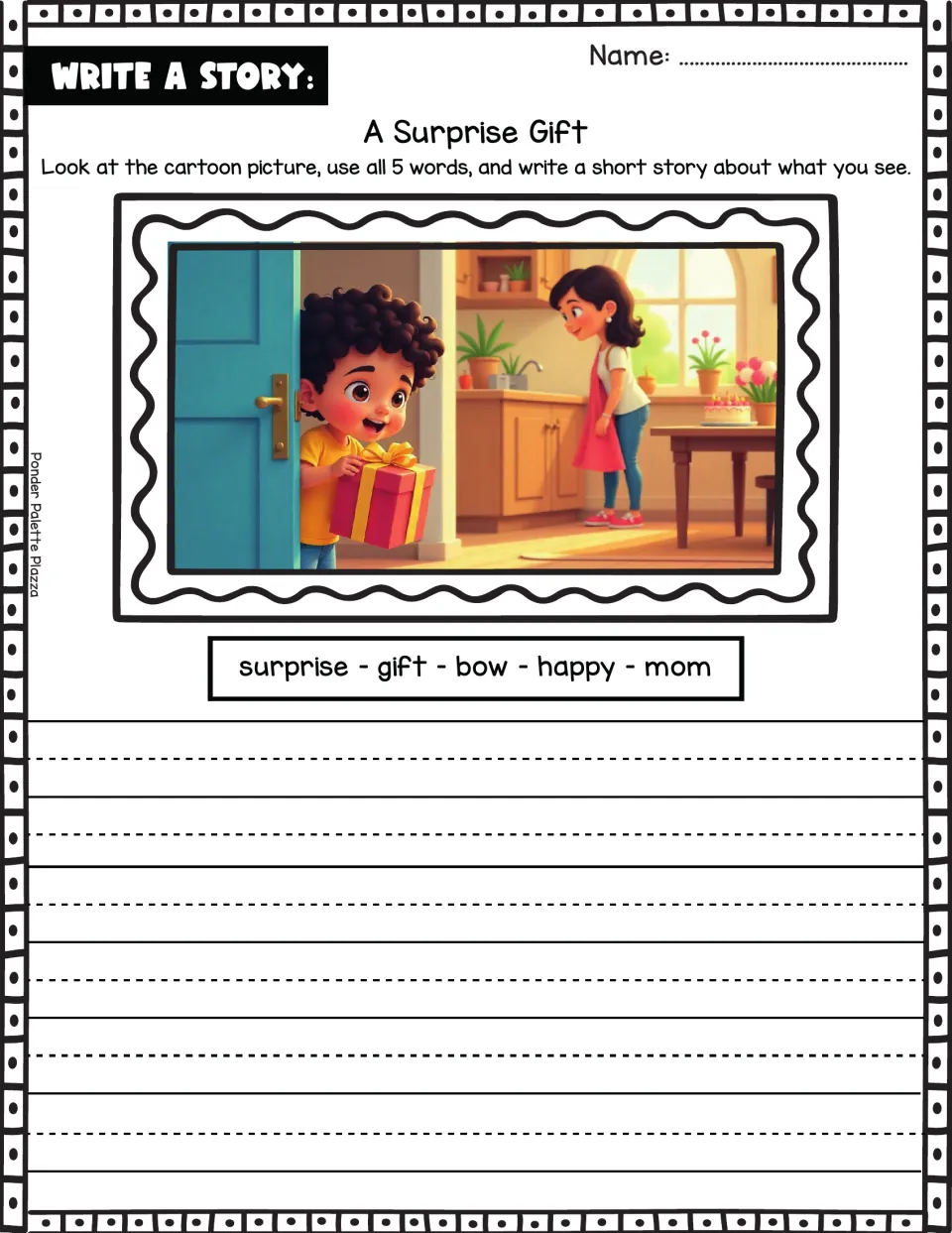 Story prompt: a child brings Mom a gift; use the words surprise, gift, bow, happy, and mom to write a story.