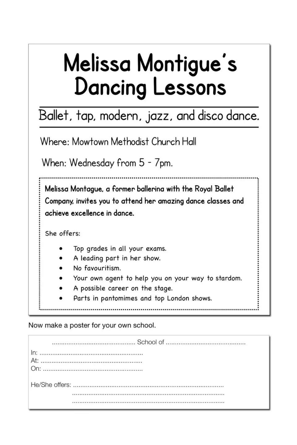 Advert model: Melissa Montigue's Dancing Lessons poster listing what she offers, then students design one for their school