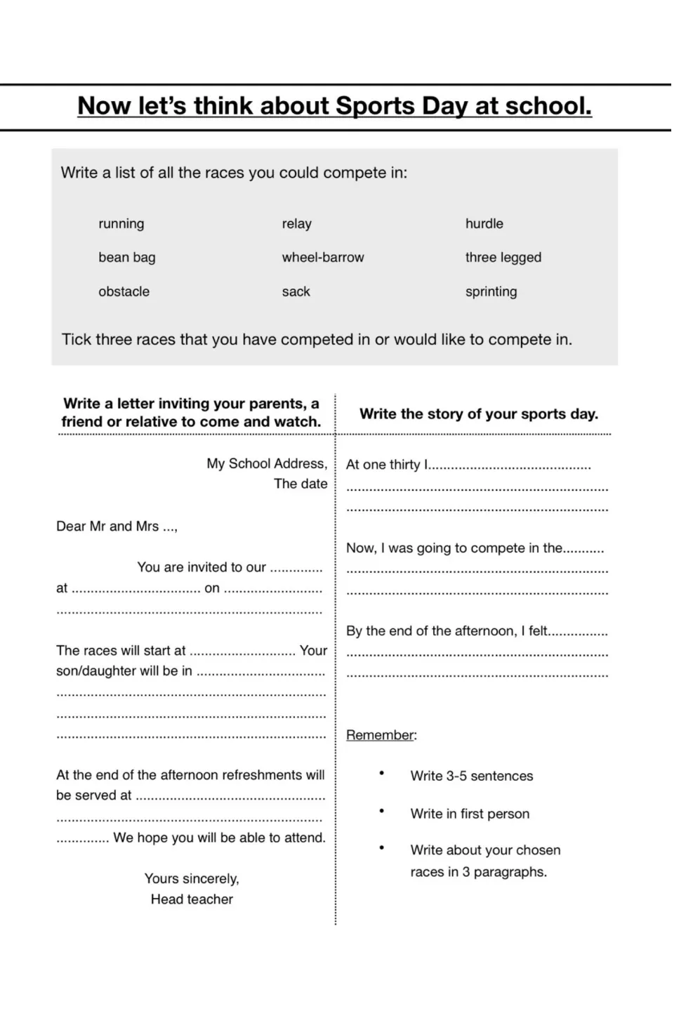 Sports Day planning: students tick three races from a list, complete a letter inviting family and start a first-person story