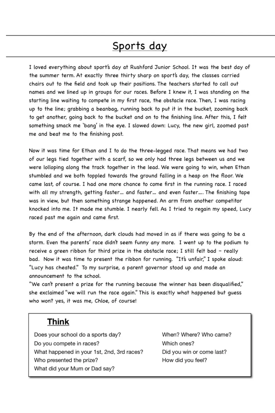 Chloe's sports day: model story of obstacle, three-legged and running races at Rushford Junior School, with Think questions