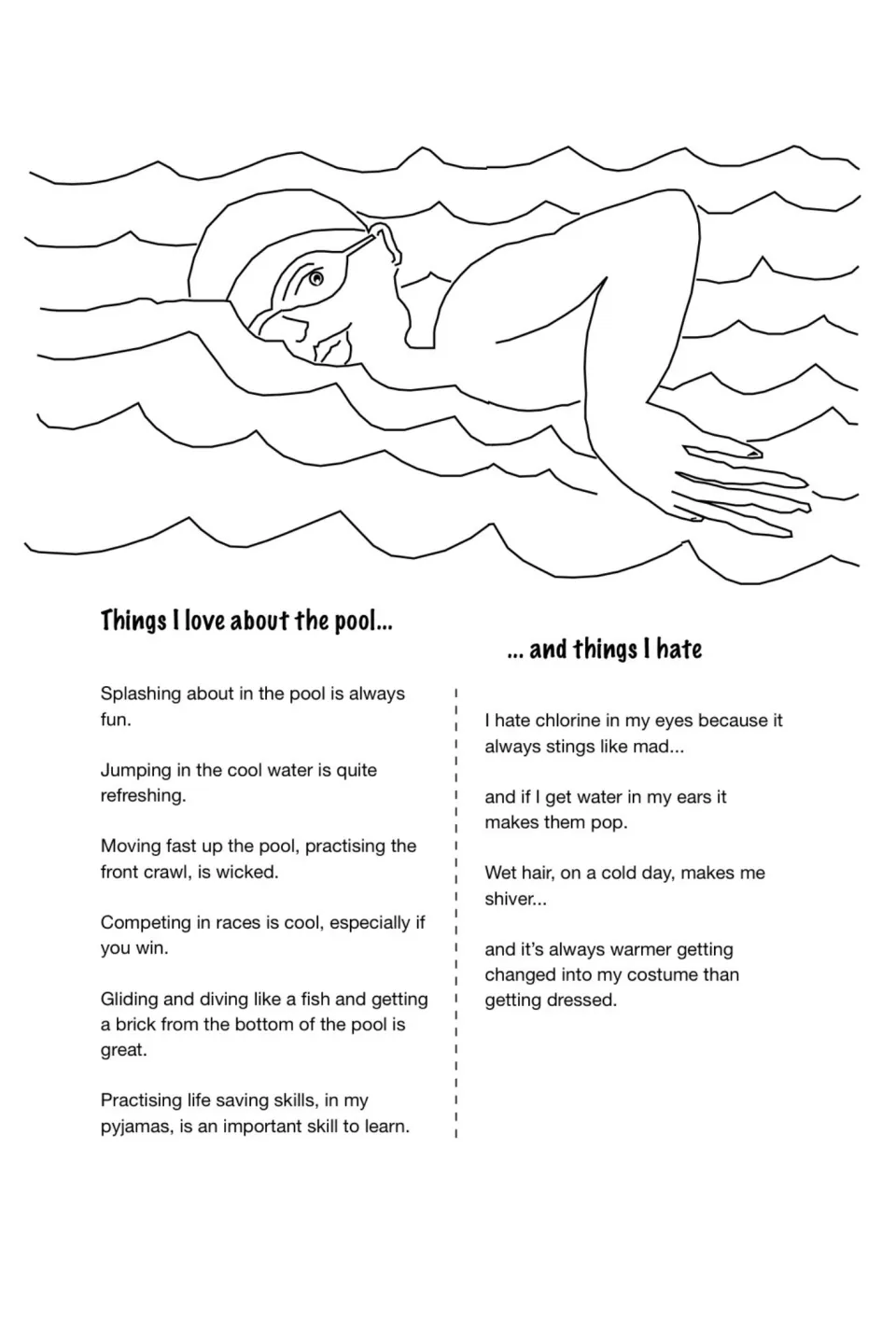 Swimming likes and dislikes: model lists of things I love about the pool and things I hate, beside a drawing of a swimmer