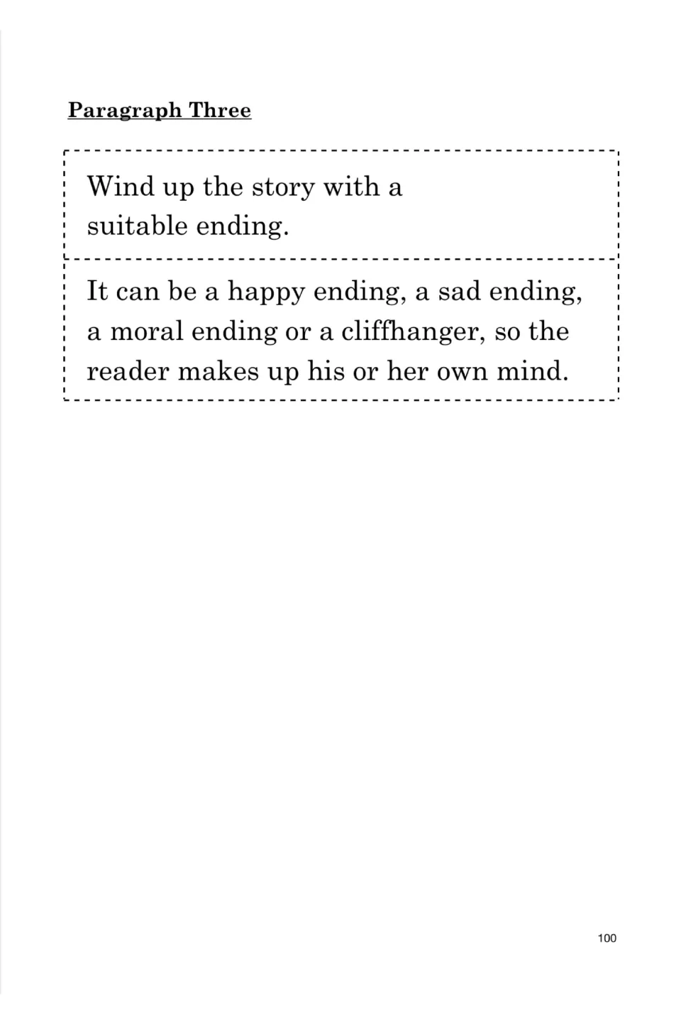 Paragraph Three cut-out phrases: wind up the story with a suitable ending, such as happy, sad, moral or a cliffhanger