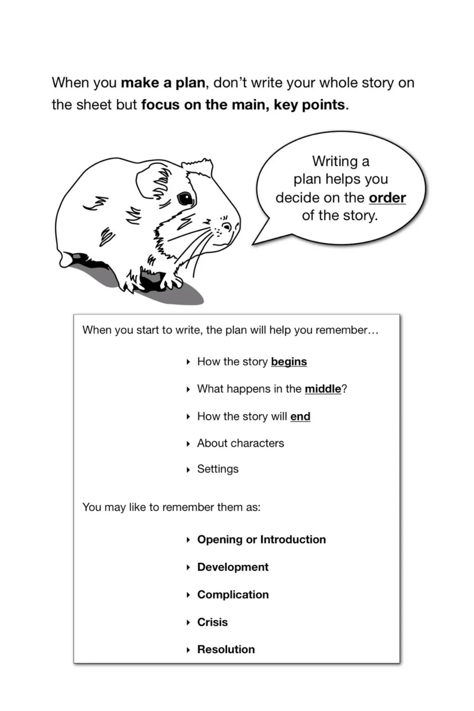 Making a plan: focus on key points to recall beginning, middle, end, characters, settings; opening to resolution stages