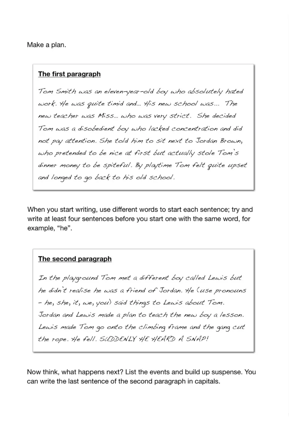 Make a plan: model first and second paragraphs about Tom Smith, with tips on varied sentence starts and suspense