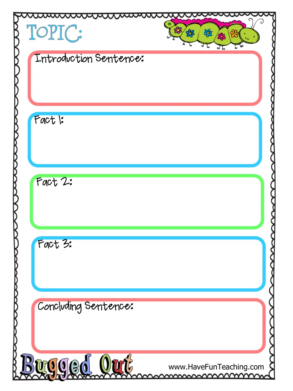 Bugged Out planner: students write a topic, an introduction sentence, three facts and a concluding sentence about a bug