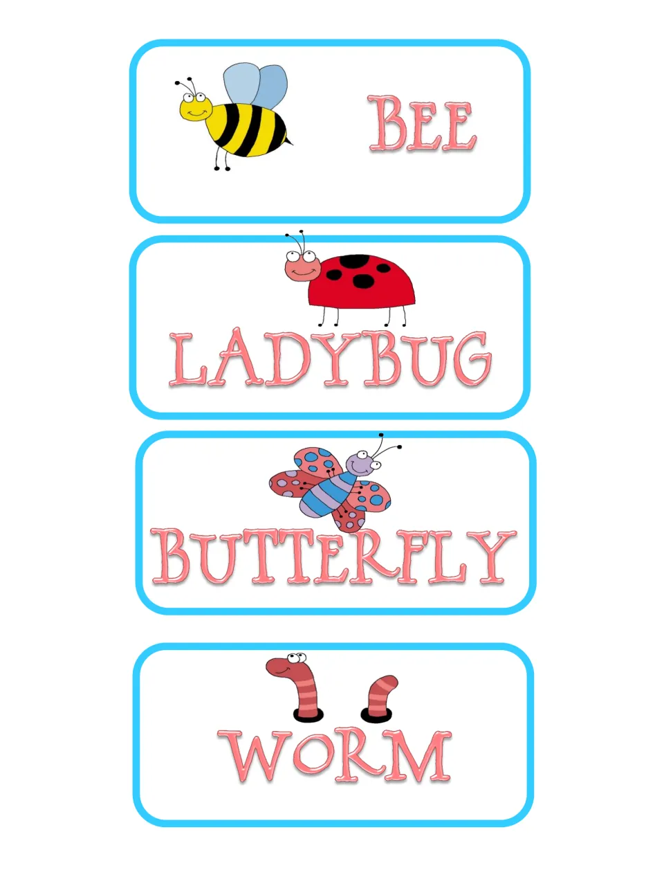 Bug topic cards for bee, ladybug, butterfly and worm, each with a cartoon picture, for students to choose a subject