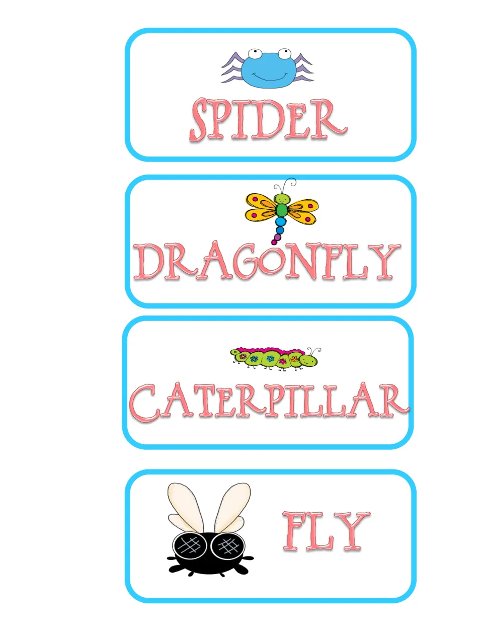 More bug topic cards showing spider, dragonfly, caterpillar and fly with cartoon pictures to pick a subject for the report