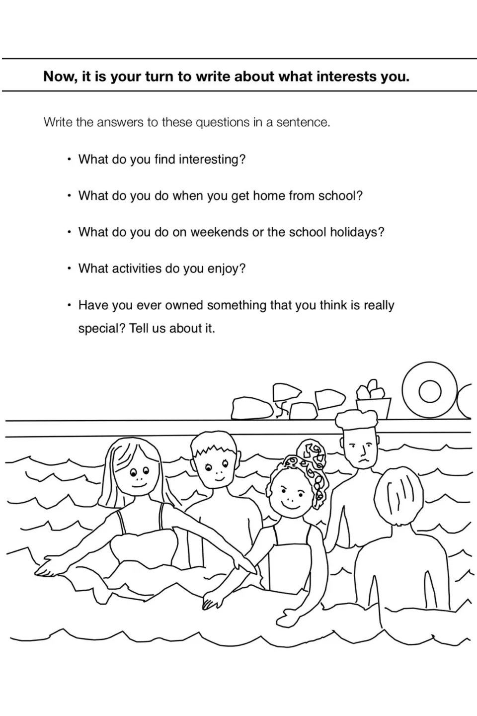 Personal interests prompt: students answer five questions in sentences about hobbies, weekends and a special possession
