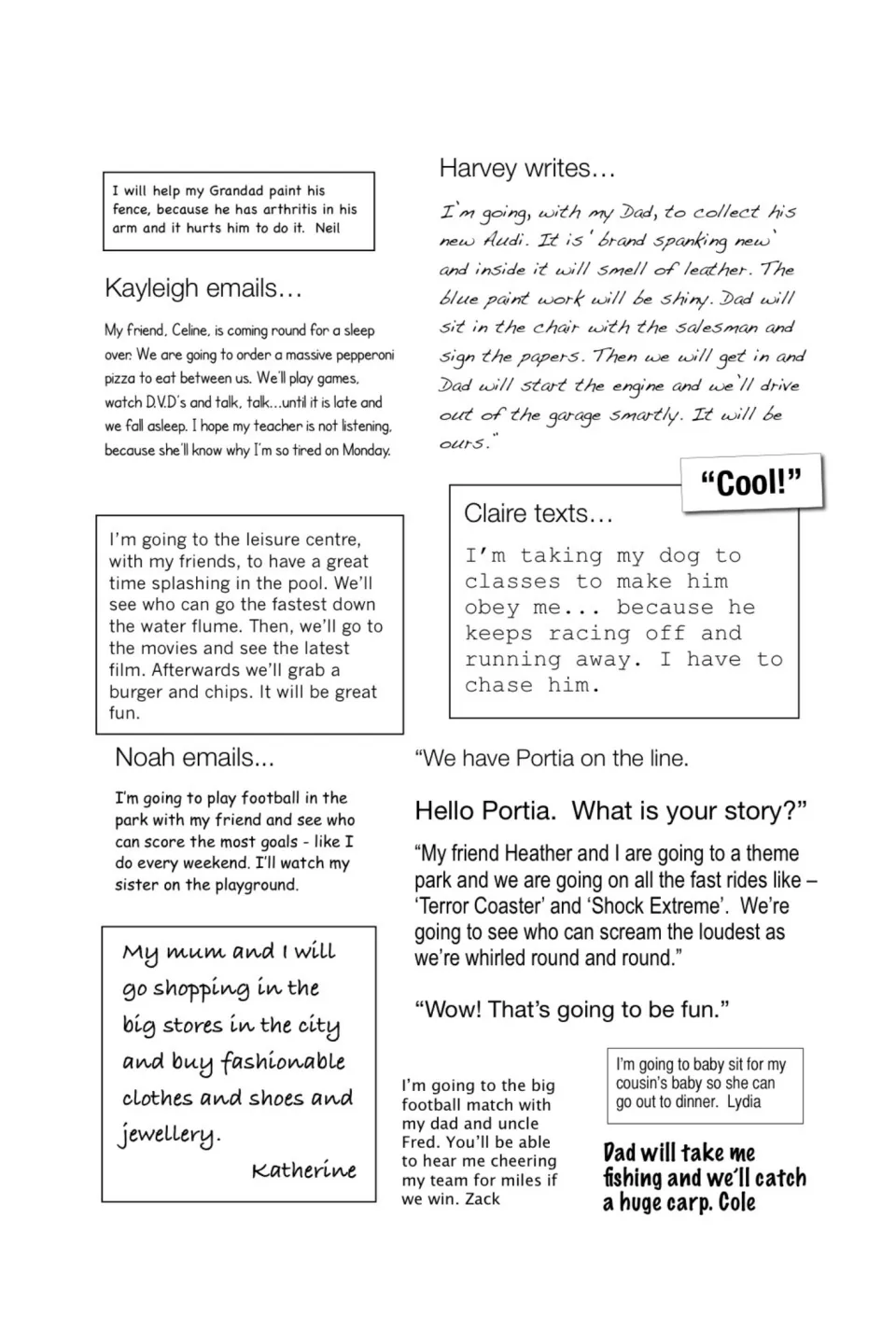 Weekend plan models: emails and texts from Kayleigh, Harvey, Claire and others about sleepovers, football and theme parks