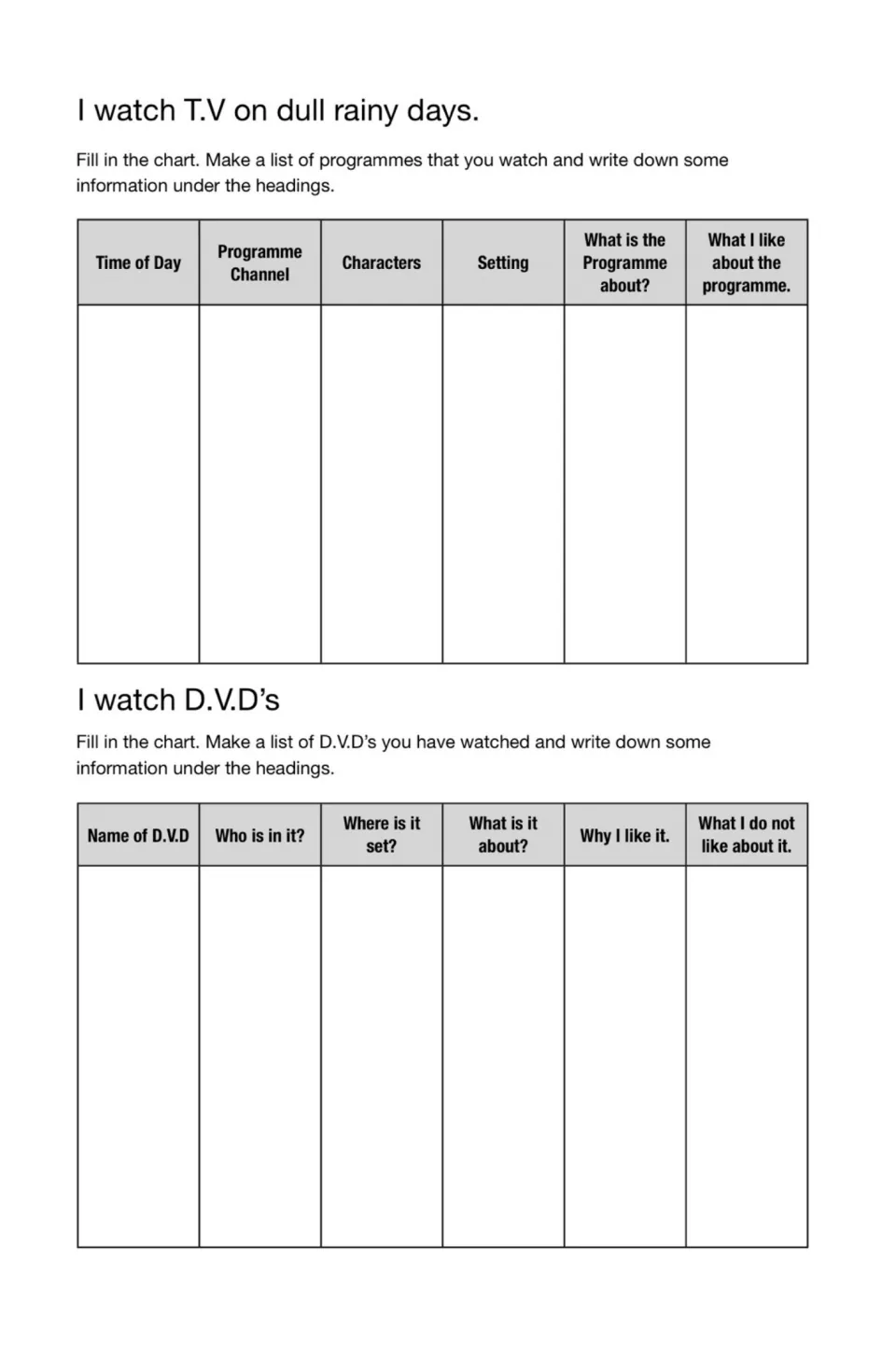 I watch T.V on dull rainy days: students chart TV programmes and DVDs by setting, characters and what they like or dislike