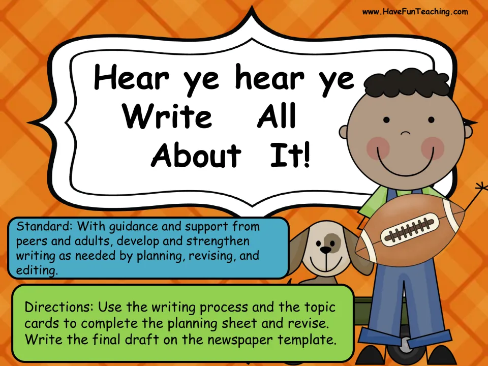 Write All About It! cover with a writing standard and directions to plan, revise and write a final draft newspaper