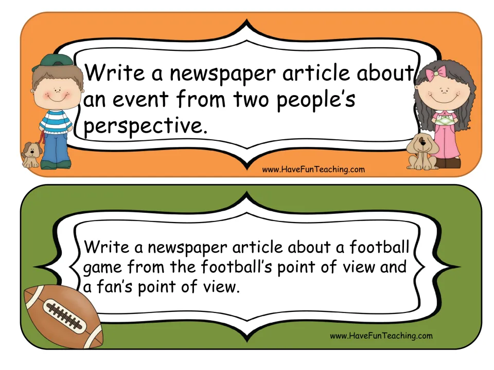 Point-of-view topic cards: an event told from two perspectives, and a football game seen by the ball and a fan
