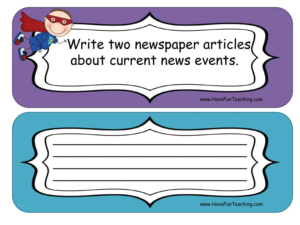 Current events topic card: write two newspaper articles about current news, plus a blank lined card for a new topic
