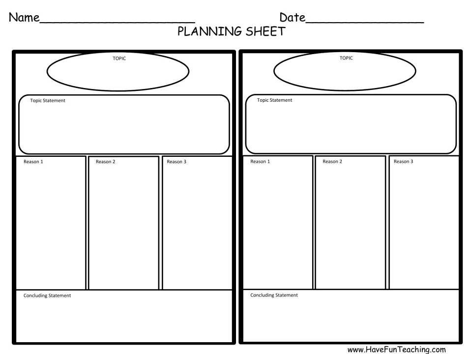 Planning sheet for two articles: students note topic, topic statement, three reasons and concluding statement for each