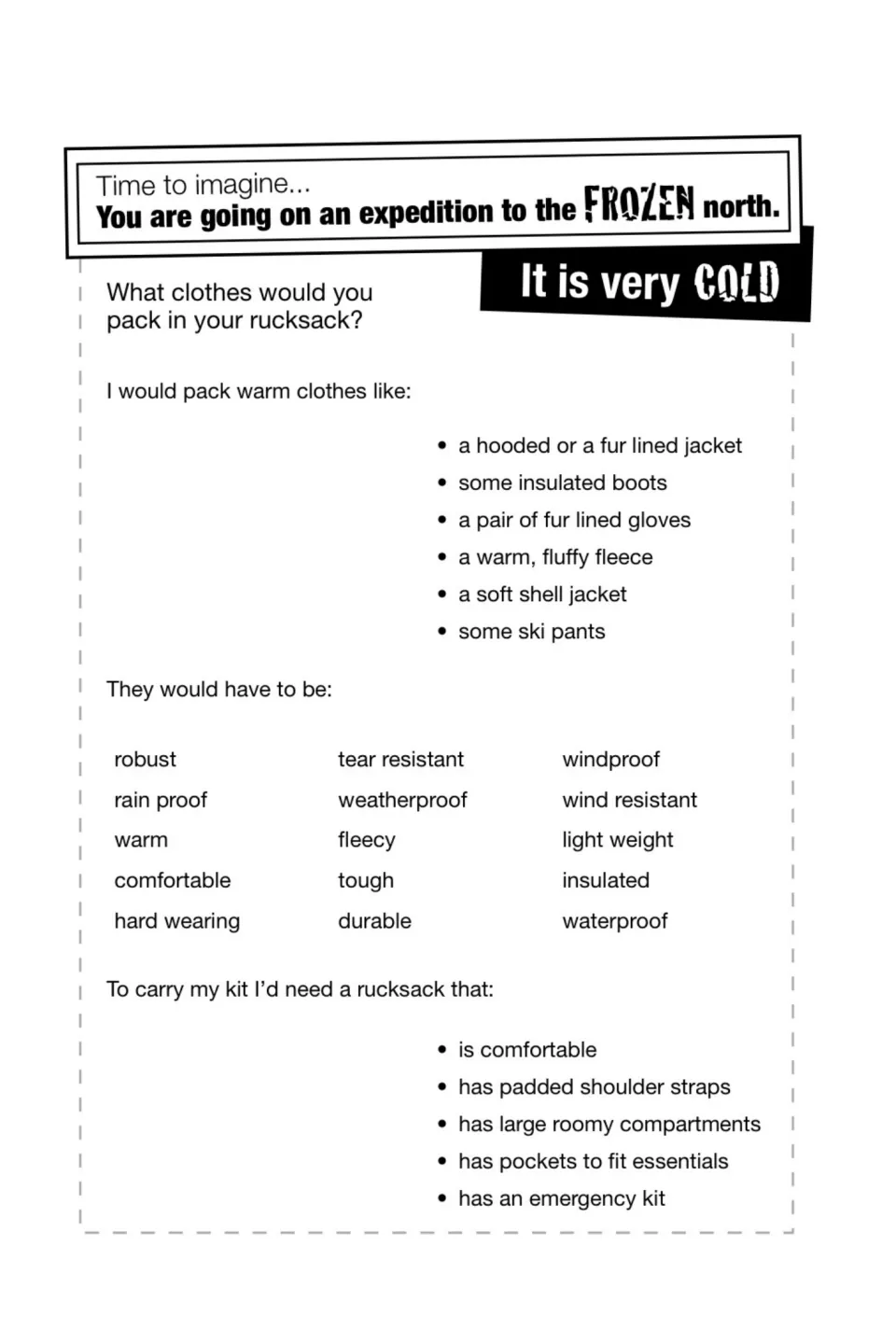 Frozen north expedition: students imagine packing a rucksack, using warm clothing ideas and adjectives like windproof