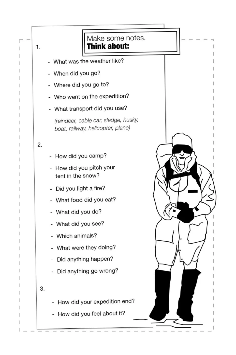 Expedition note-making: students answer prompts on weather, transport, camping, animals seen and how the trip ended