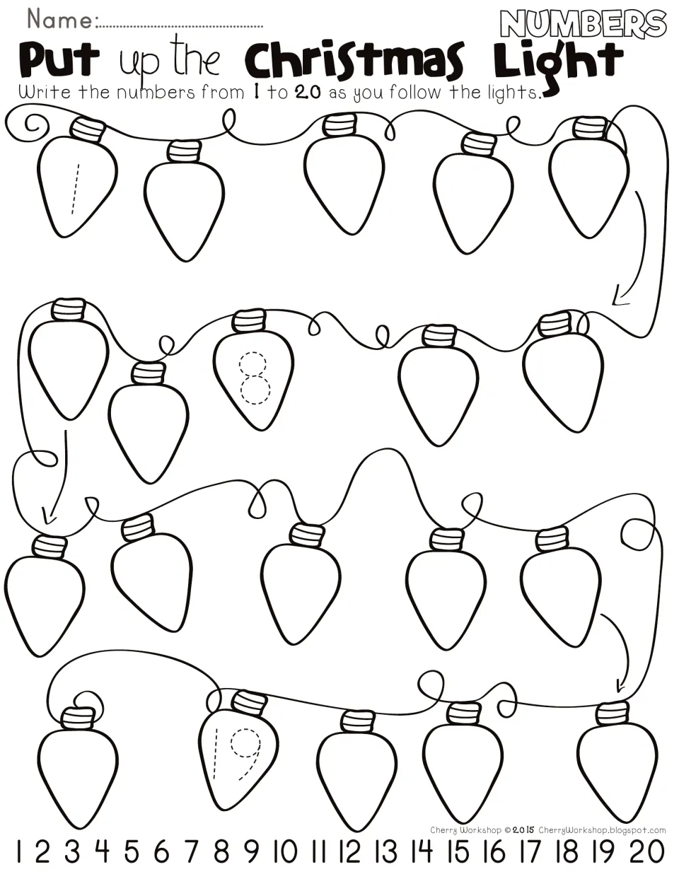 Christmas light number writing: students write 1 to 20 in order along a string of 20 bulbs, with 1, 8 and 19 traced