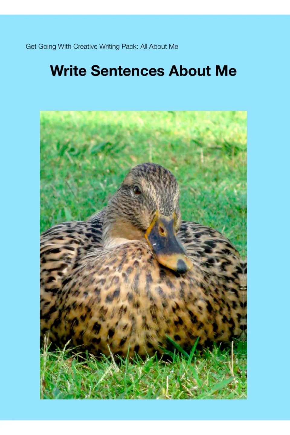 Cover of Write Sentences About Me from the Get Going With Creative Writing Pack: All About Me, showing a duck on grass