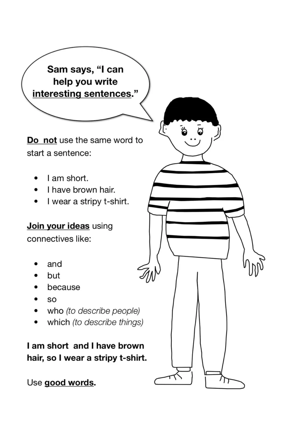 Sam's tips for interesting sentences: vary sentence openers, join ideas with and, but, because or so, and use good words