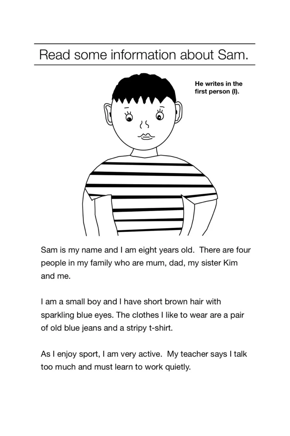 Read some information about Sam: a first-person model text about his age, family, looks, clothes, love of sport and chatting