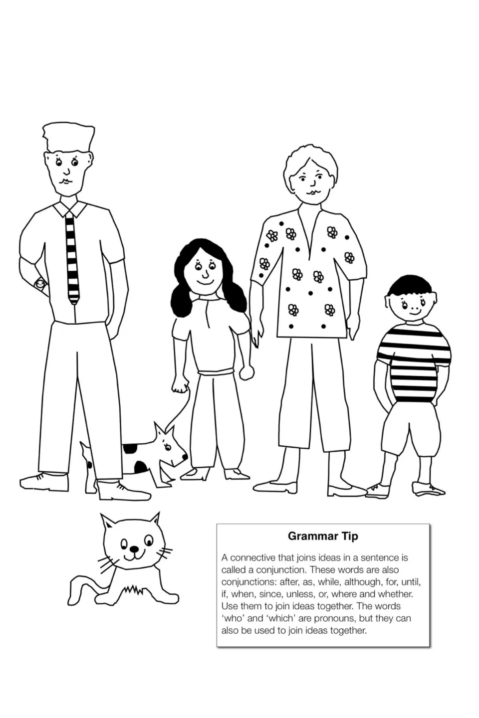 Grammar tip on conjunctions such as after, while, although and unless, beside a drawing of a family, dog and cat
