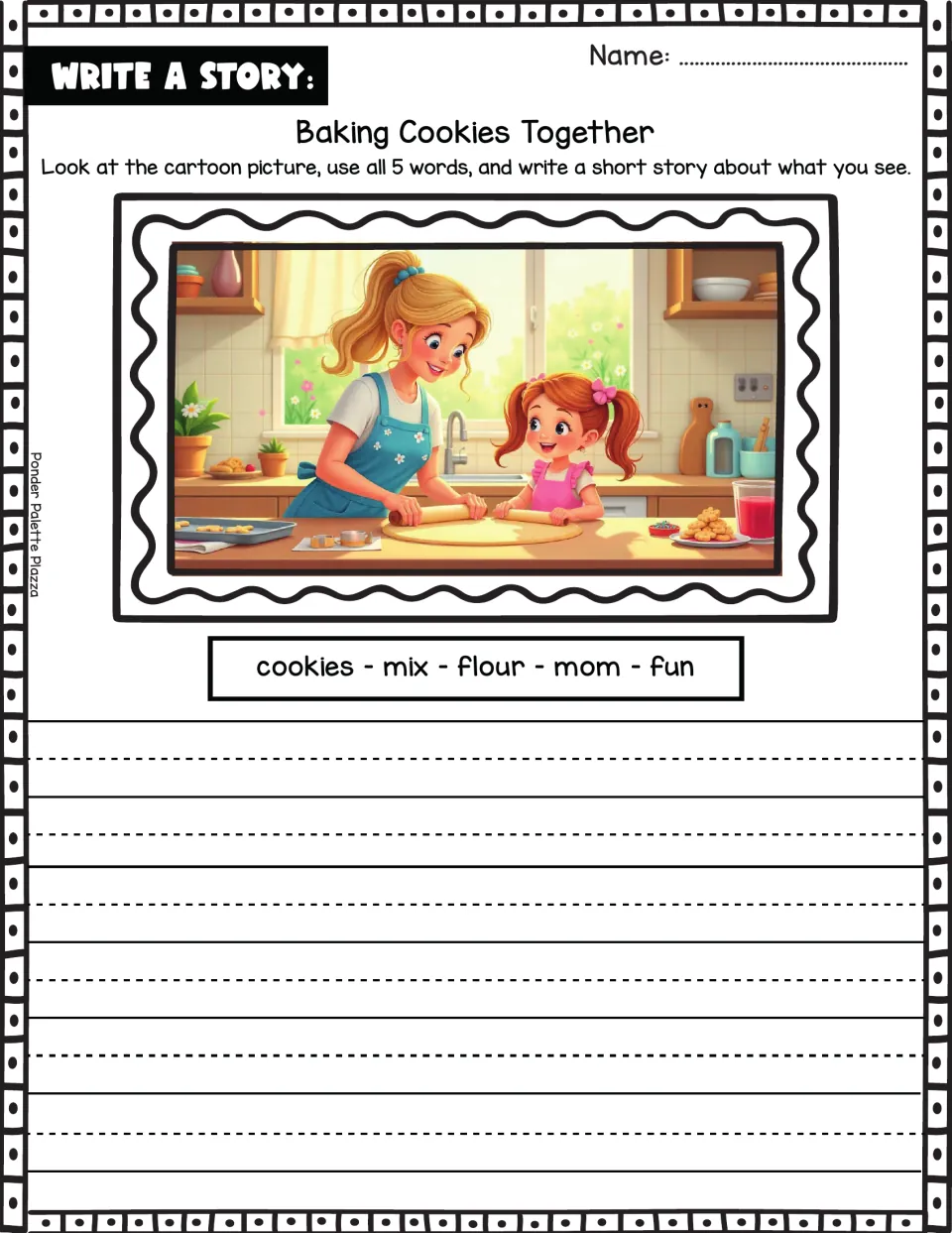 Baking Cookies Together story prompt: students describe a mom and girl rolling dough using 5 words like cookies and flour