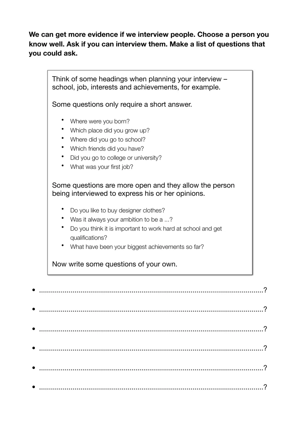 Preparing an interview: students study short-answer and open examples, then draft six questions for someone they know
