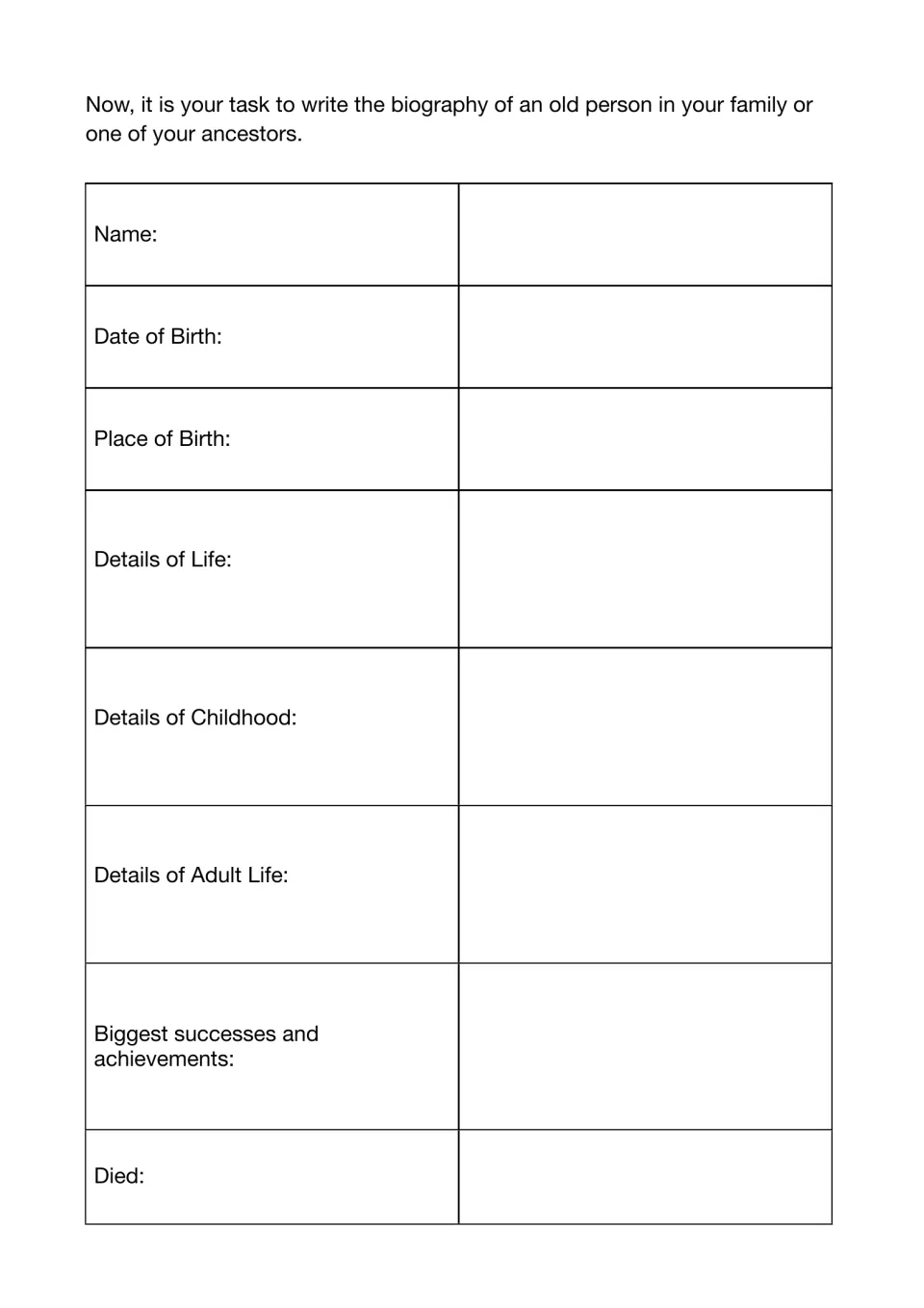 Ancestor biography chart: students record name, birth, childhood, adult life, successes and death date of an older relative