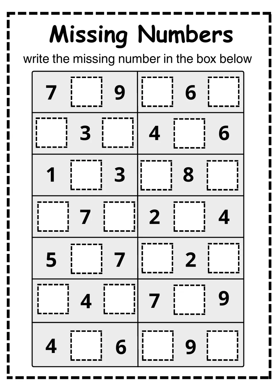 Missing Numbers practice: students complete 14 number sequences within 10, from 7 _ 9 and _ 6 _ to 4 _ 6 and _ 9 _