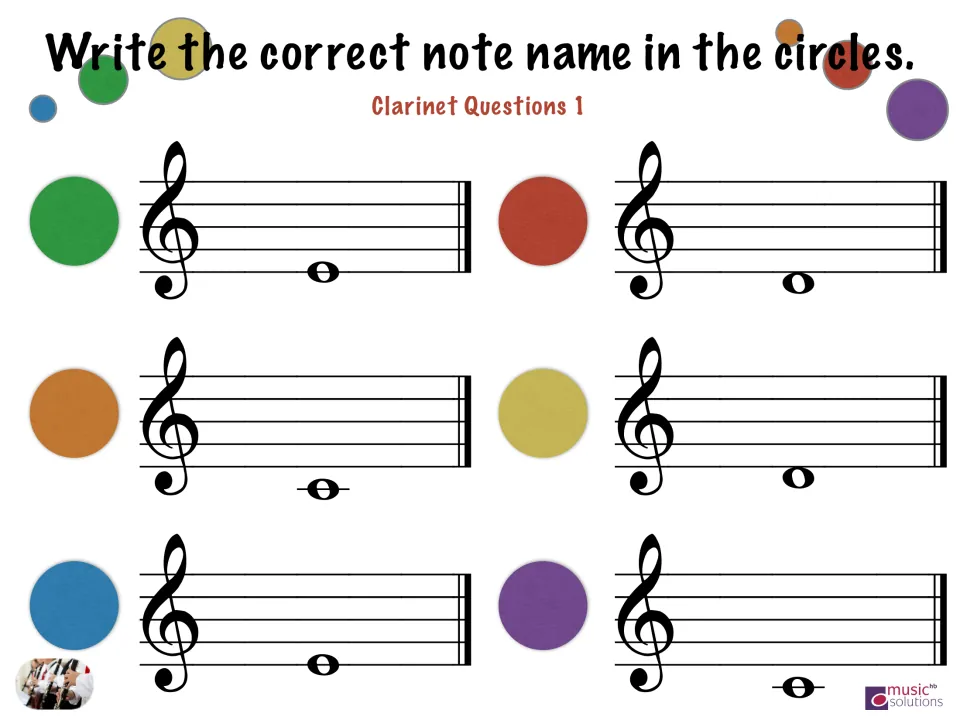 Clarinet Questions 1: students name six whole notes on treble clef staves, writing each letter in a colored circle