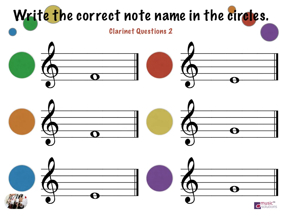 Clarinet Questions 2: treble clef note reading, students write the letter names of six whole notes on the staff