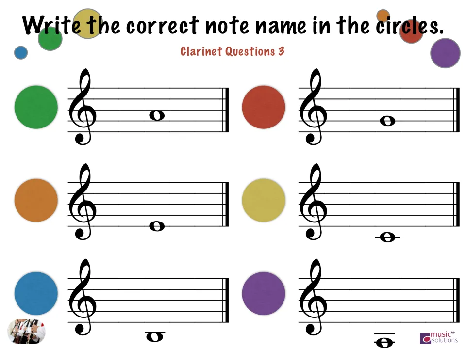Clarinet Questions 3: six treble clef whole notes, including low notes on ledger lines, for students to name by letter