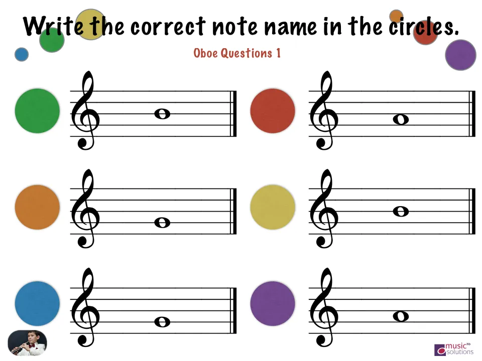 Oboe Questions 1: note reading, students write the letter name of each of six whole notes on the treble clef staff