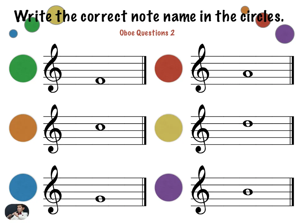 Oboe Questions 2: students read six whole notes placed on lines and spaces of the treble staff and write their letter names