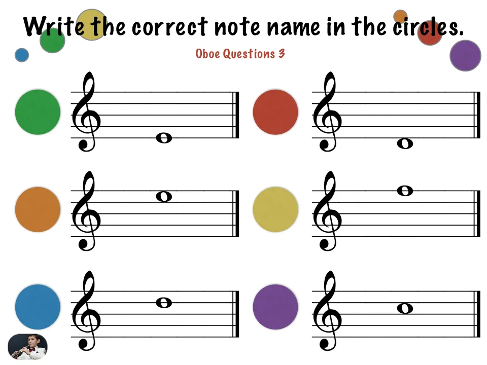 Oboe Questions 3: naming six treble clef whole notes, including high notes near the top of the staff, by letter
