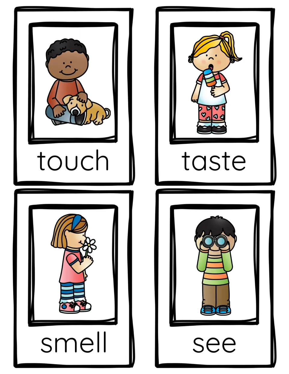 Sense action picture cards: touch (boy petting a dog), taste (girl with ice pop), smell (girl with flower), see (binoculars)