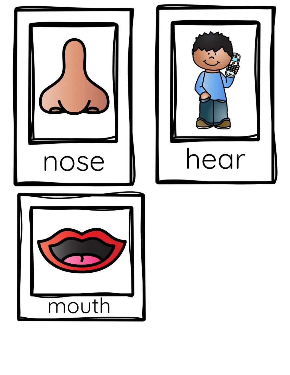 Picture cards for nose, hear and mouth: a nose, a boy holding a phone to his ear, and open red lips
