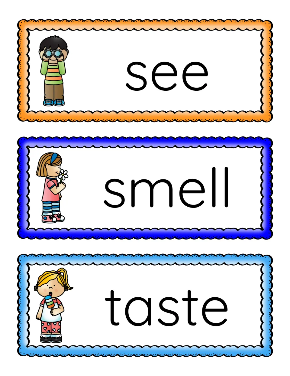 Vocabulary word strips for see, smell and taste, each with a child acting out the sense beside the large printed word