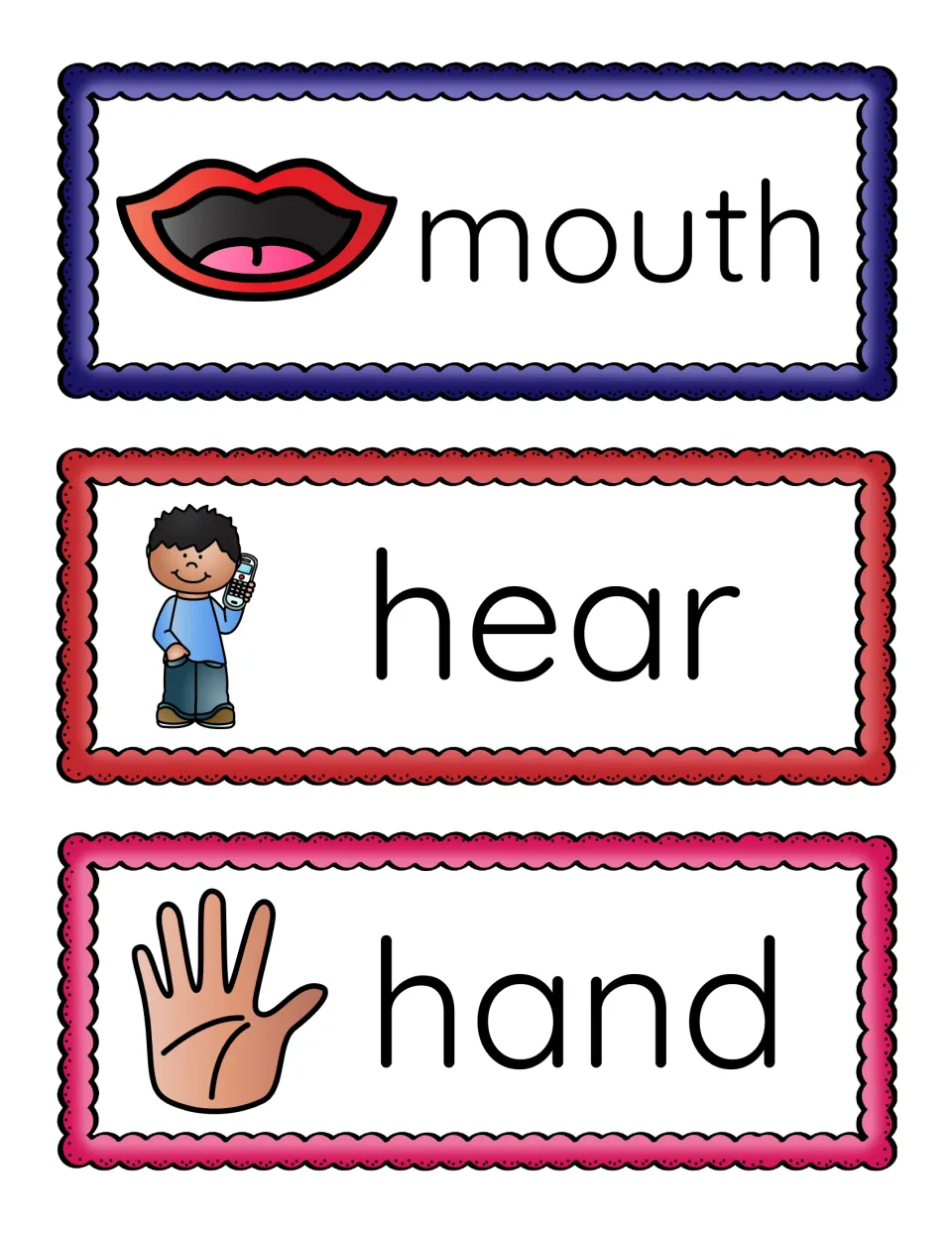 Vocabulary word strips for mouth, hear and hand, each word shown large next to lips, a boy on a phone or an open hand