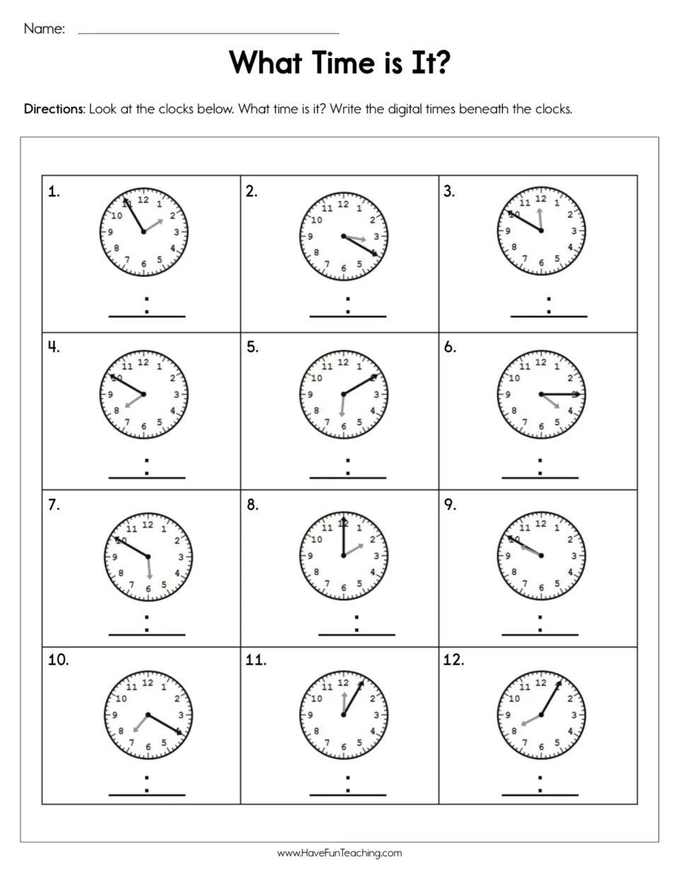 Time practice: read 12 analog clocks and write their digital times, including 1:55, 3:20, and 11:50.