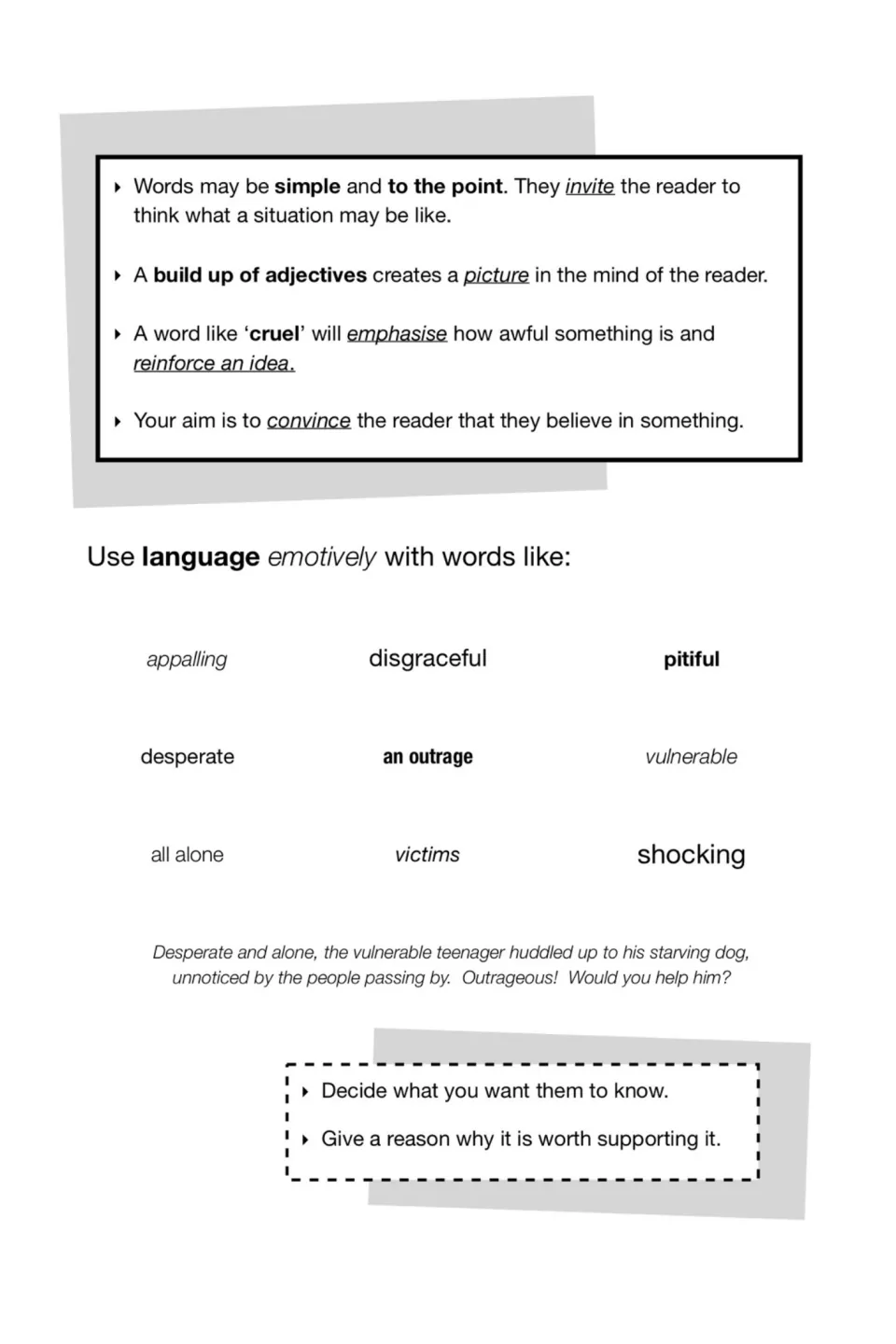 Emotive language for persuasion: word bank (appalling, disgraceful, victims) plus a model sentence about a lonely teen