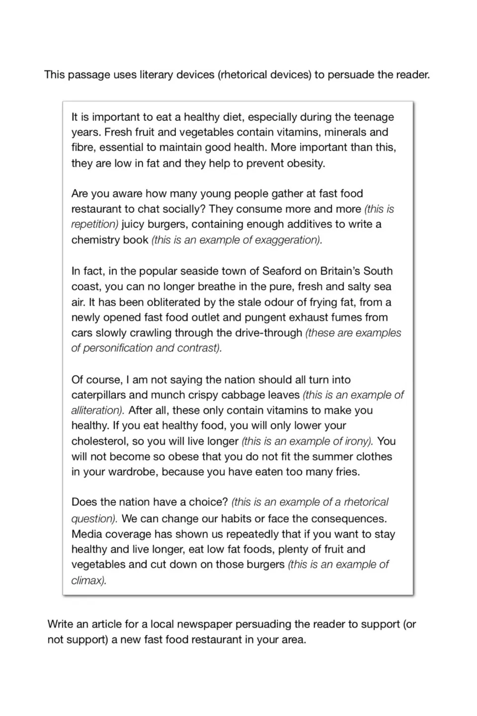 Annotated healthy-eating passage labels rhetorical devices; students then write a newspaper article on a fast food outlet