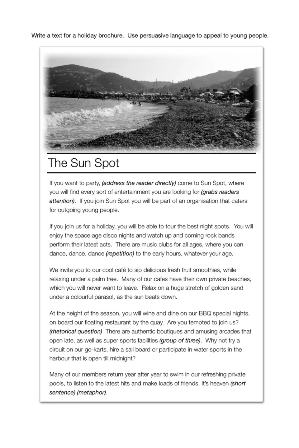 Holiday brochure model, The Sun Spot, annotated with devices like repetition and metaphor; students write their own text