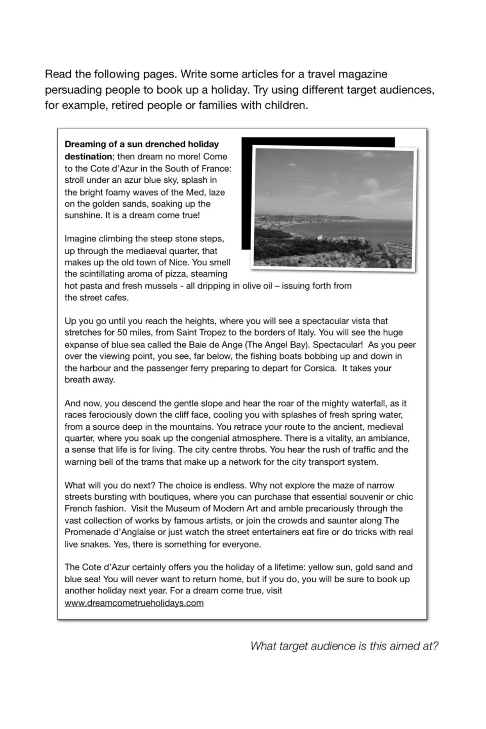 Cote d'Azur travel article to read and identify its target audience before writing travel magazine pieces for new readers